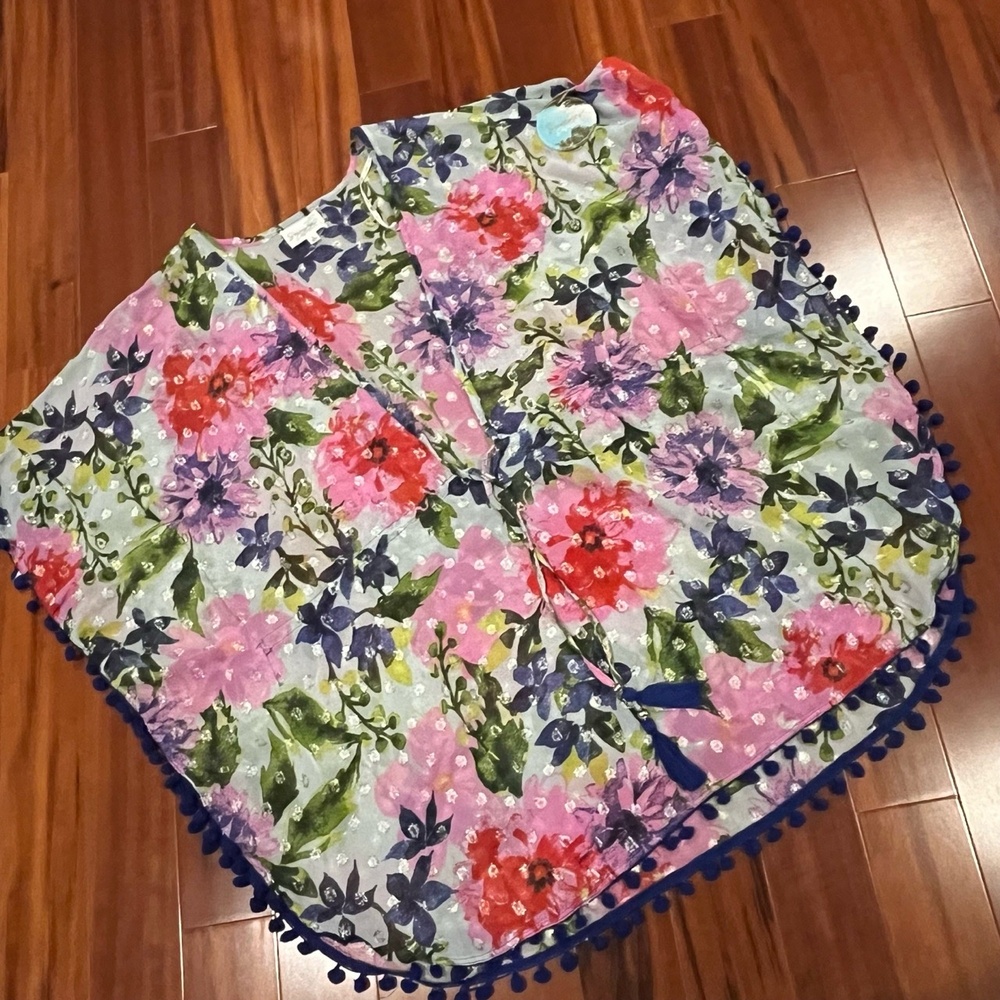 New NWT Summer Destiny Multi Kimono Floral Pom Pom Beach Swim Coverup Sz Large